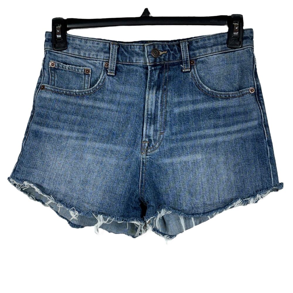 Lucky Brand SZ 8/29 Lucky Pins Jean Shorts High-Rise Frayed Hems Zip-Fly Blue